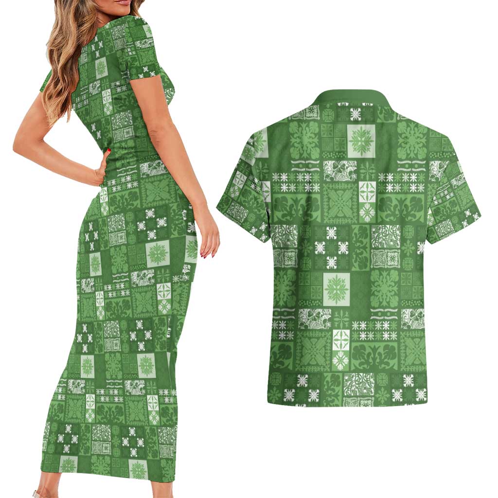 Vintage Hawaiian Quilting Patterns Couples Matching Short Sleeve Bodycon Dress and Hawaiian Shirt Green Style Tribal Fabric Patchwork - Polynesian Pride