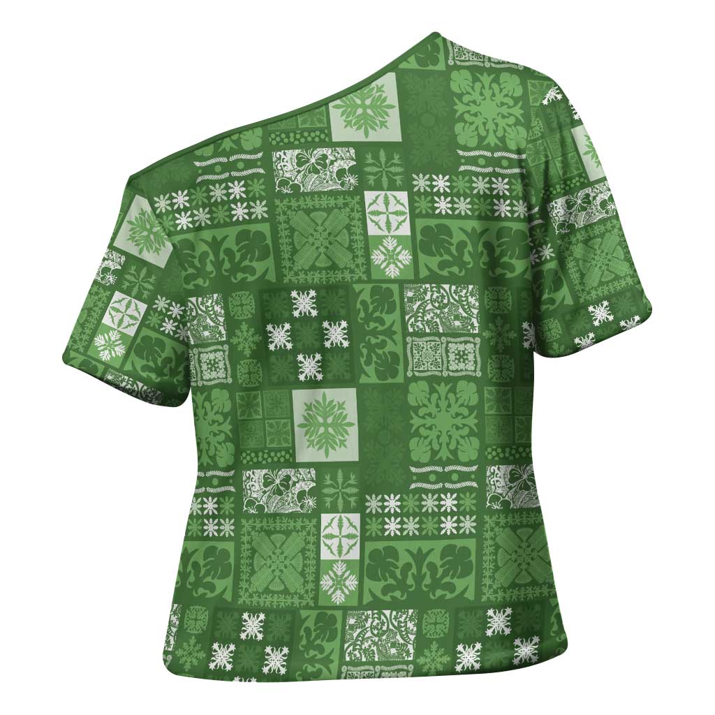 Vintage Hawaiian Quilting Patterns Cross Shoulder Shirt Green Style Tribal Fabric Patchwork - Polynesian Pride