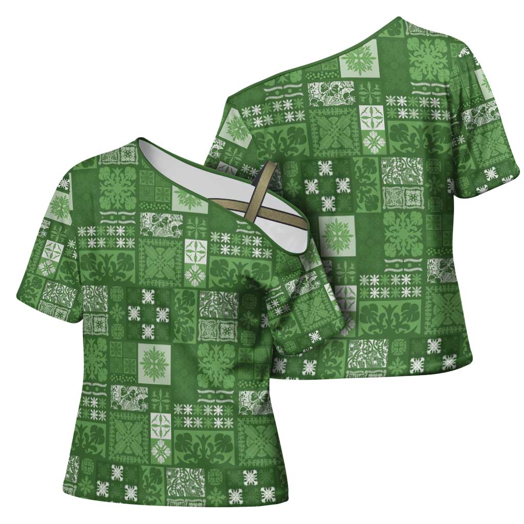 Vintage Hawaiian Quilting Patterns Cross Shoulder Shirt Green Style Tribal Fabric Patchwork - Polynesian Pride