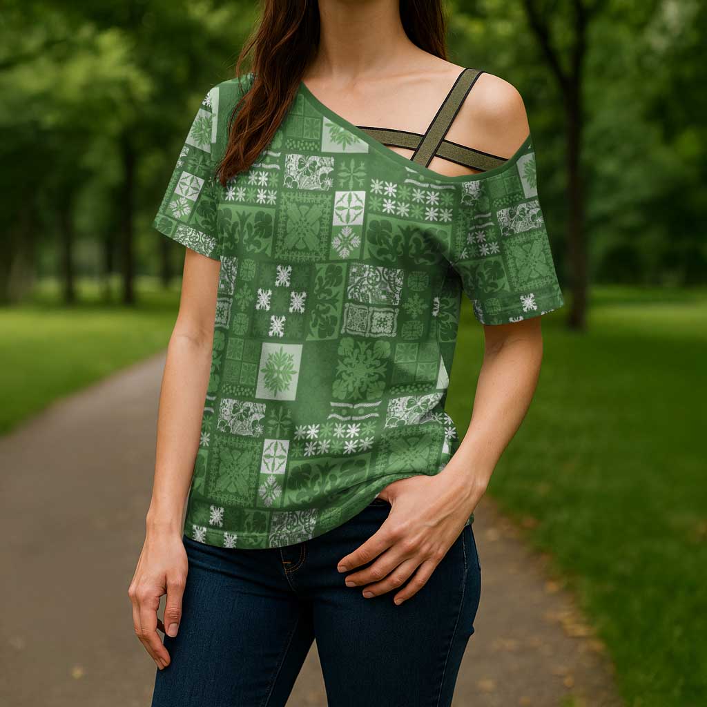 Vintage Hawaiian Quilting Patterns Cross Shoulder Shirt Green Style Tribal Fabric Patchwork - Polynesian Pride