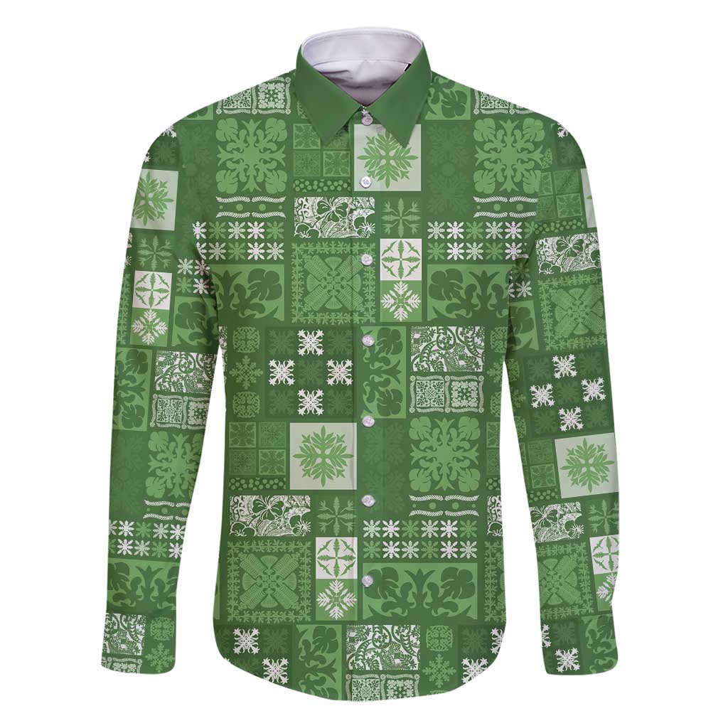 Vintage Hawaiian Quilting Patterns Family Matching Long Sleeve Bodycon Dress and Hawaiian Shirt Green Style Tribal Fabric Patchwork - Polynesian Pride