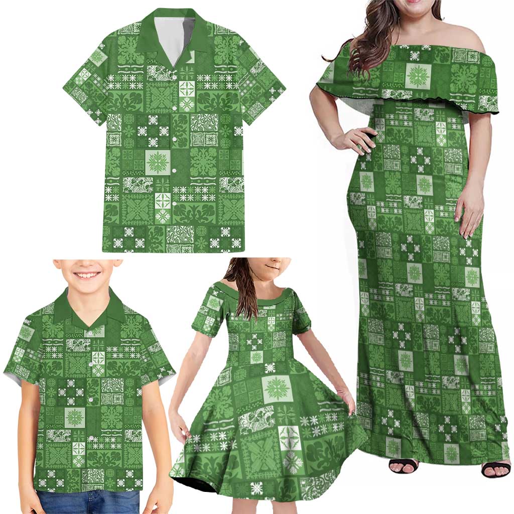 Vintage Hawaiian Quilting Patterns Family Matching Off Shoulder Maxi Dress and Hawaiian Shirt Green Style Tribal Fabric Patchwork - Polynesian Pride
