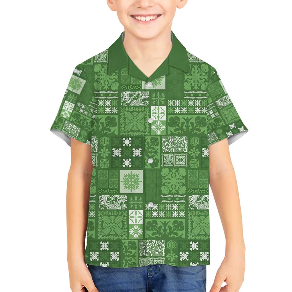 Vintage Hawaiian Quilting Patterns Family Matching Off Shoulder Short Dress and Hawaiian Shirt Green Style Tribal Fabric Patchwork - Polynesian Pride