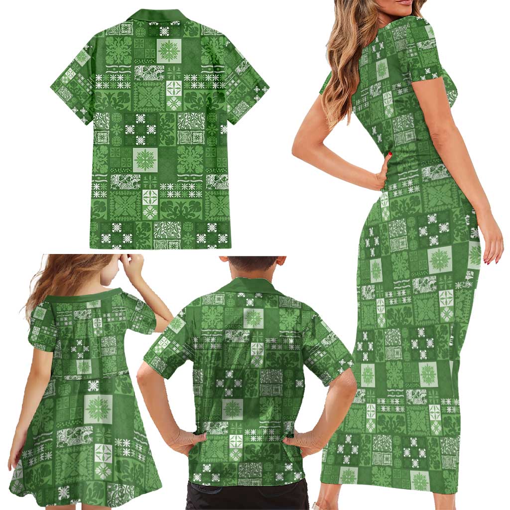 Vintage Hawaiian Quilting Patterns Family Matching Short Sleeve Bodycon Dress and Hawaiian Shirt Green Style Tribal Fabric Patchwork - Polynesian Pride