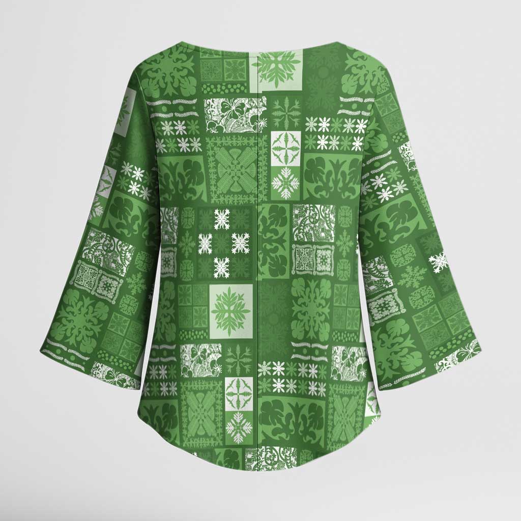 Vintage Hawaiian Quilting Patterns Kimono Sleeve Blouse Green Style Tribal Fabric Patchwork - Polynesian Pride