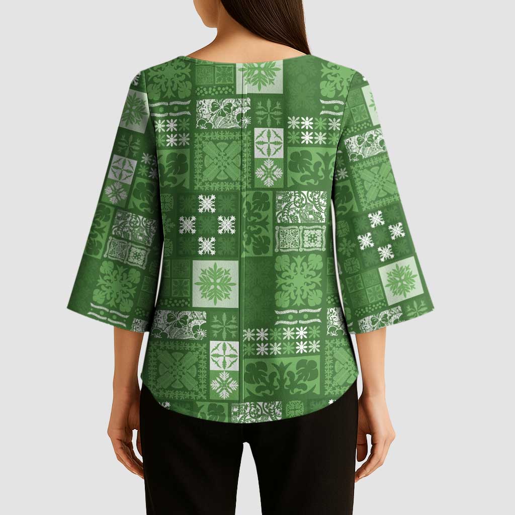 Vintage Hawaiian Quilting Patterns Kimono Sleeve Blouse Green Style Tribal Fabric Patchwork - Polynesian Pride