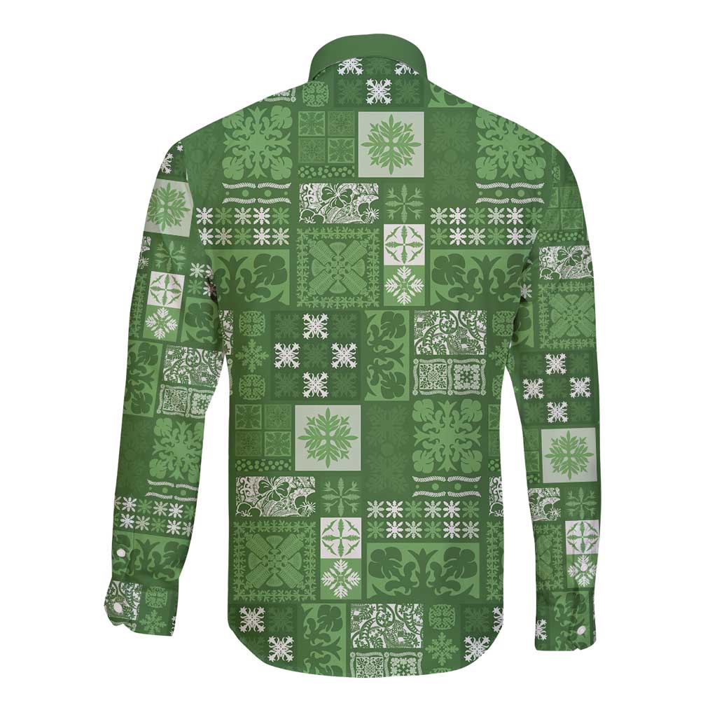 Vintage Hawaiian Quilting Patterns Long Sleeve Button Shirt Green Style Tribal Fabric Patchwork - Polynesian Pride