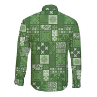 Vintage Hawaiian Quilting Patterns Long Sleeve Button Shirt Green Style Tribal Fabric Patchwork - Polynesian Pride