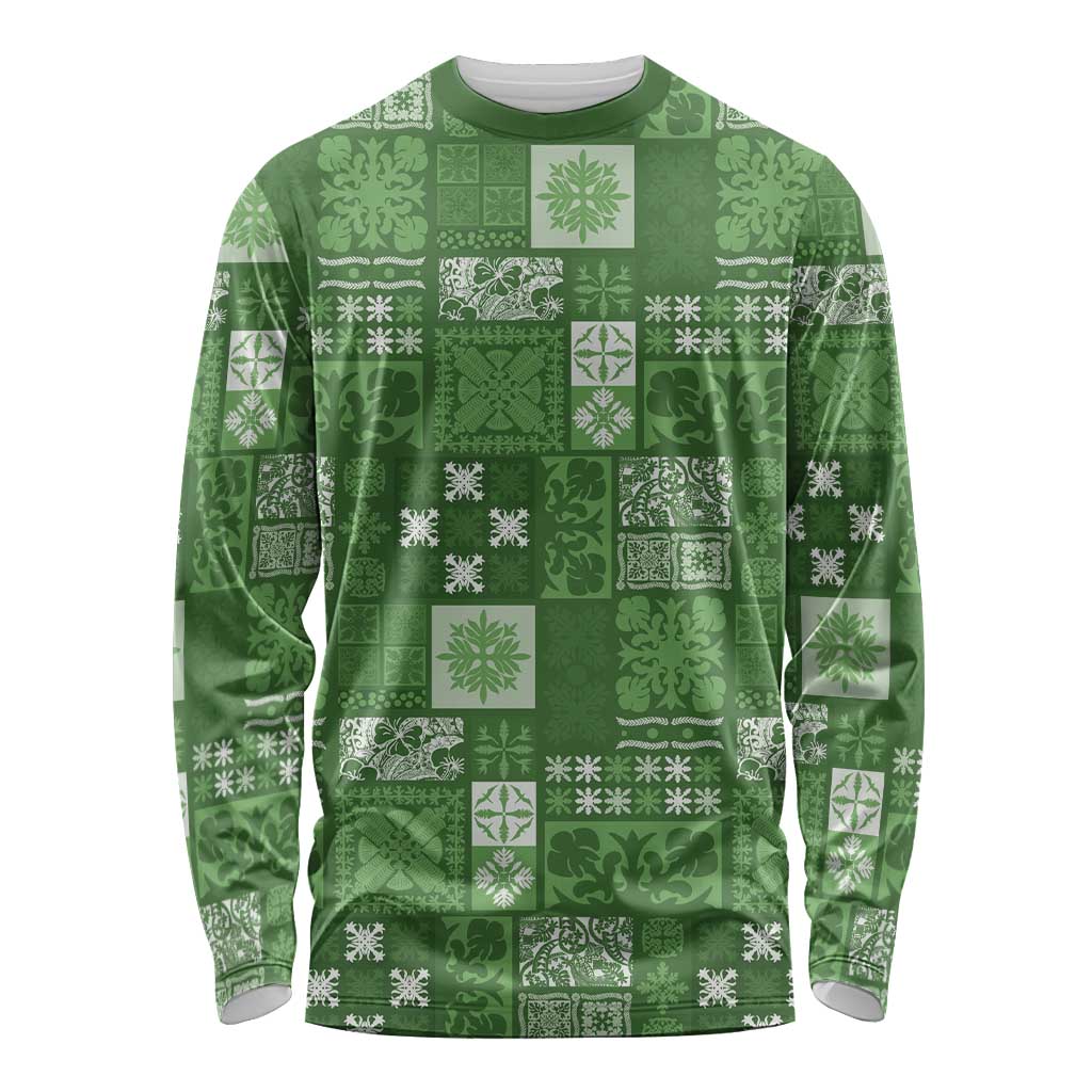 Vintage Hawaiian Quilting Patterns Long Sleeve Shirt Green Style Tribal Fabric Patchwork - Polynesian Pride