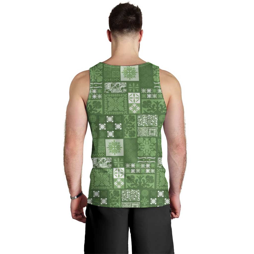 Vintage Hawaiian Quilting Patterns Men Tank Top Green Style Tribal Fabric Patchwork - Polynesian Pride
