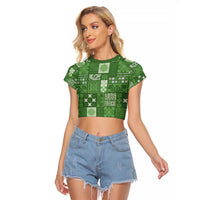 Vintage Hawaiian Quilting Patterns Raglan Cropped T Shirt Green Style Tribal Fabric Patchwork - Polynesian Pride