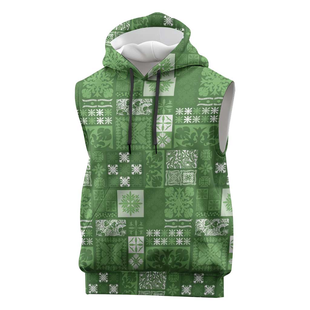 Vintage Hawaiian Quilting Patterns Sleeveless Hoodie Green Style Tribal Fabric Patchwork - Polynesian Pride
