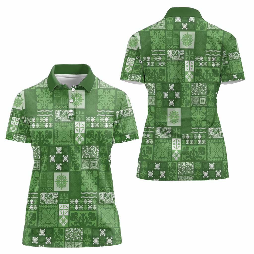 Vintage Hawaiian Quilting Patterns Women Polo Shirt Green Style Tribal Fabric Patchwork - Polynesian Pride
