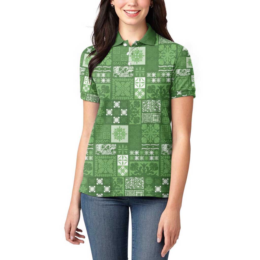 Vintage Hawaiian Quilting Patterns Women Polo Shirt Green Style Tribal Fabric Patchwork - Polynesian Pride