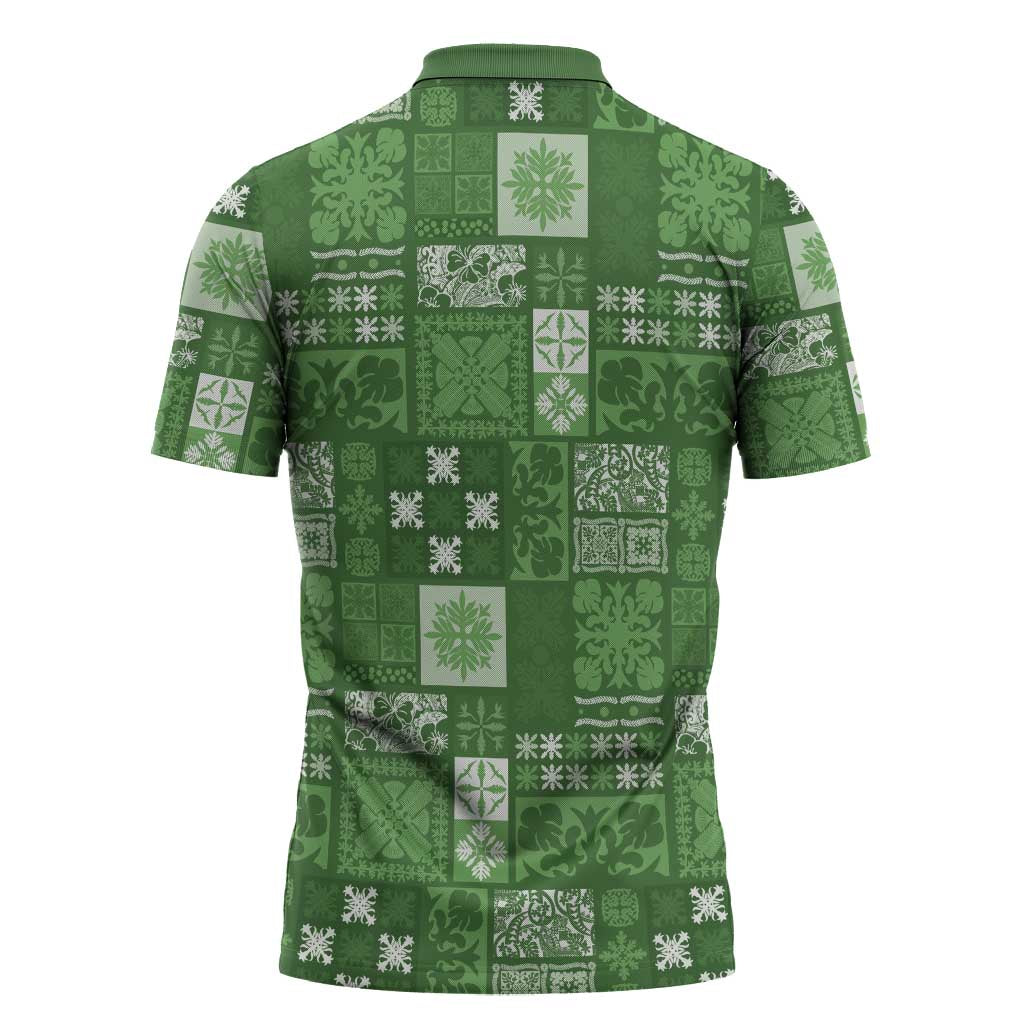 Vintage Hawaiian Quilting Patterns Zipper Polo Shirt Green Style Tribal Fabric Patchwork - Polynesian Pride