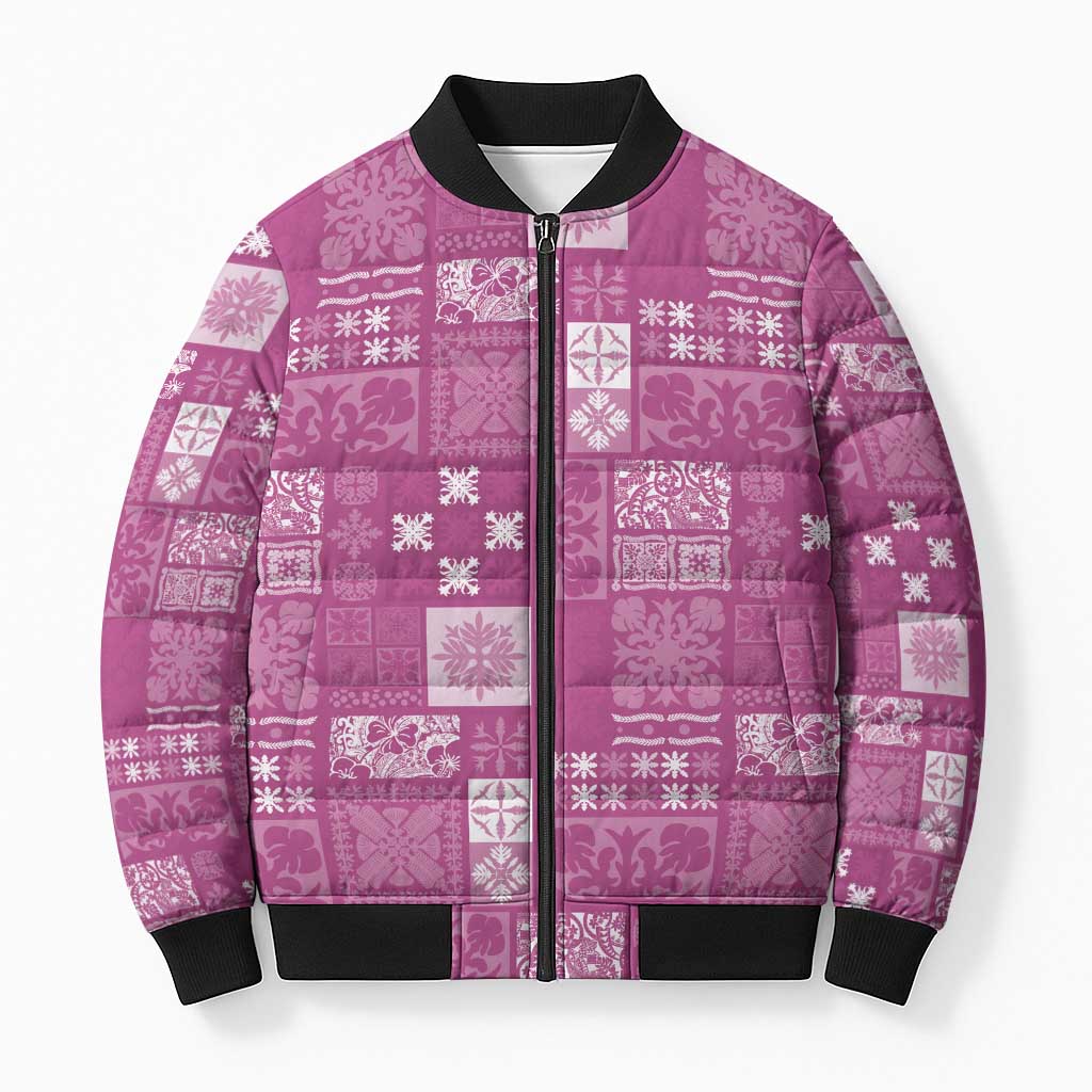 Vintage Hawaiian Quilting Patterns Bomber Puffer Jacket Pink Style Tribal Fabric Patchwork - Polynesian Pride