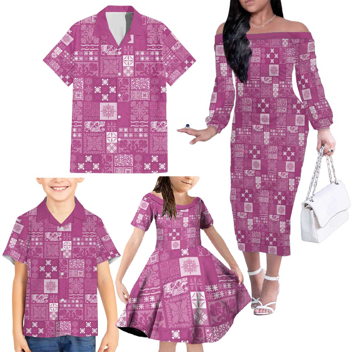 Vintage Hawaiian Quilting Patterns Family Matching Off The Shoulder Long Sleeve Dress and Hawaiian Shirt Pink Style Tribal Fabric Patchwork - Polynesian Pride