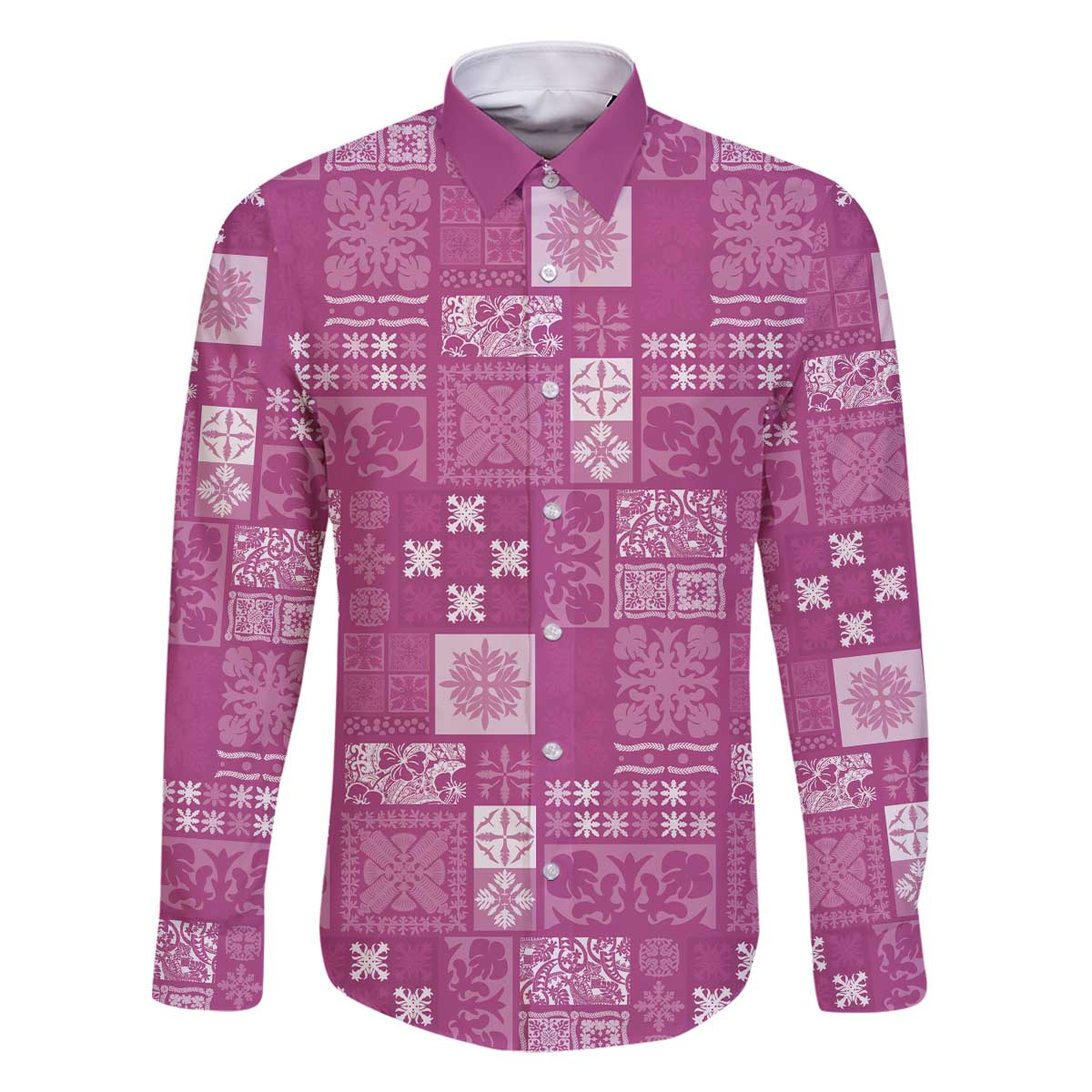 Vintage Hawaiian Quilting Patterns Family Matching Off The Shoulder Long Sleeve Dress and Hawaiian Shirt Pink Style Tribal Fabric Patchwork - Polynesian Pride