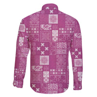 Vintage Hawaiian Quilting Patterns Family Matching Off The Shoulder Long Sleeve Dress and Hawaiian Shirt Pink Style Tribal Fabric Patchwork - Polynesian Pride