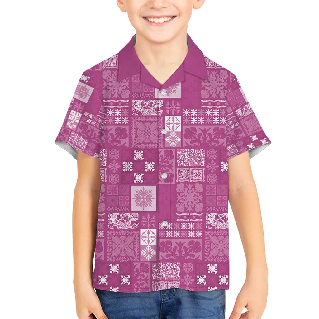 Vintage Hawaiian Quilting Patterns Family Matching Puletasi and Hawaiian Shirt Pink Style Tribal Fabric Patchwork - Polynesian Pride