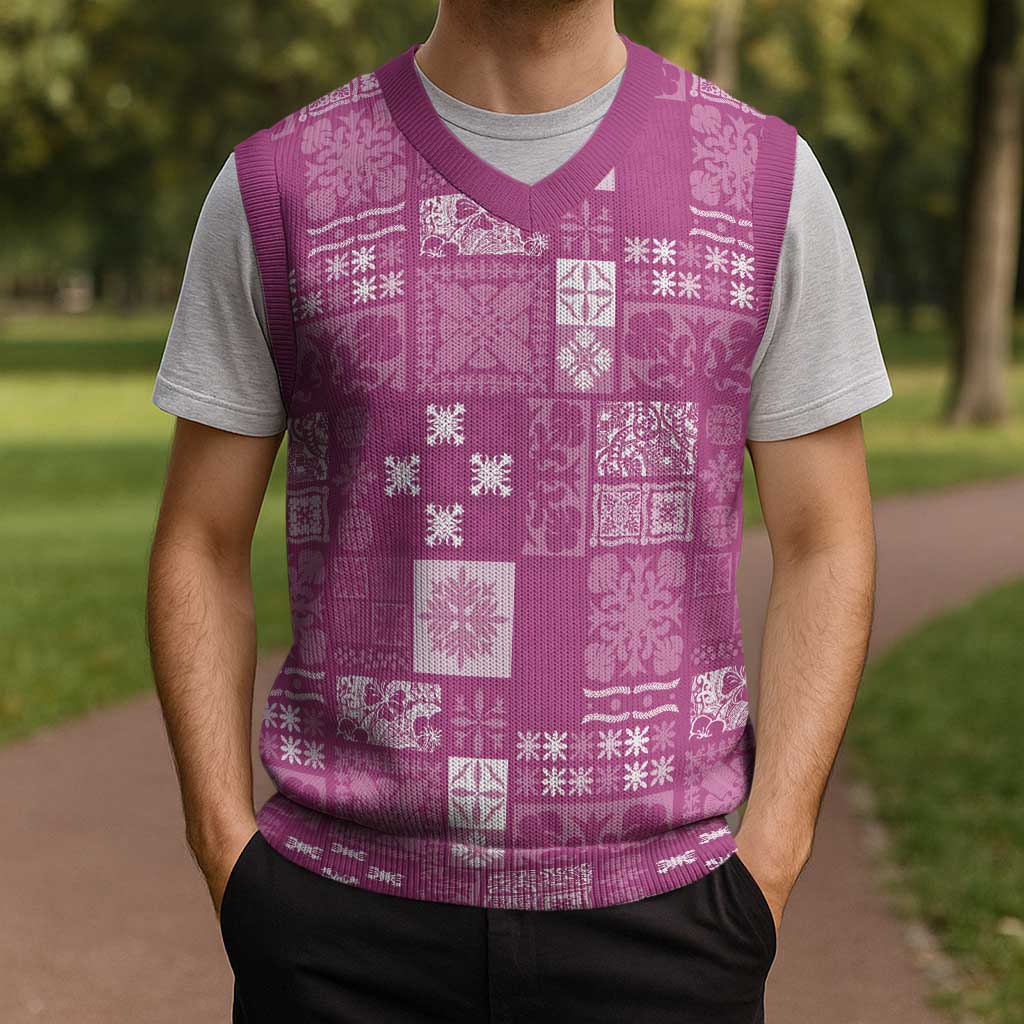 Vintage Hawaiian Quilting Patterns Christmas Knitted V-Neck Vest Pink Style Tribal Fabric Patchwork - Polynesian Pride