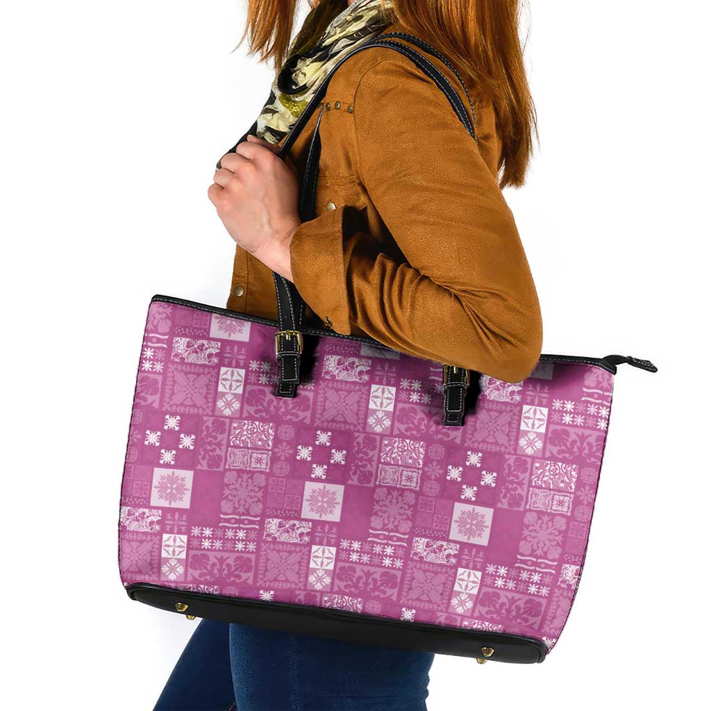 Vintage Hawaiian Quilting Patterns Leather Tote Bag Pink Style Tribal Fabric Patchwork - Polynesian Pride