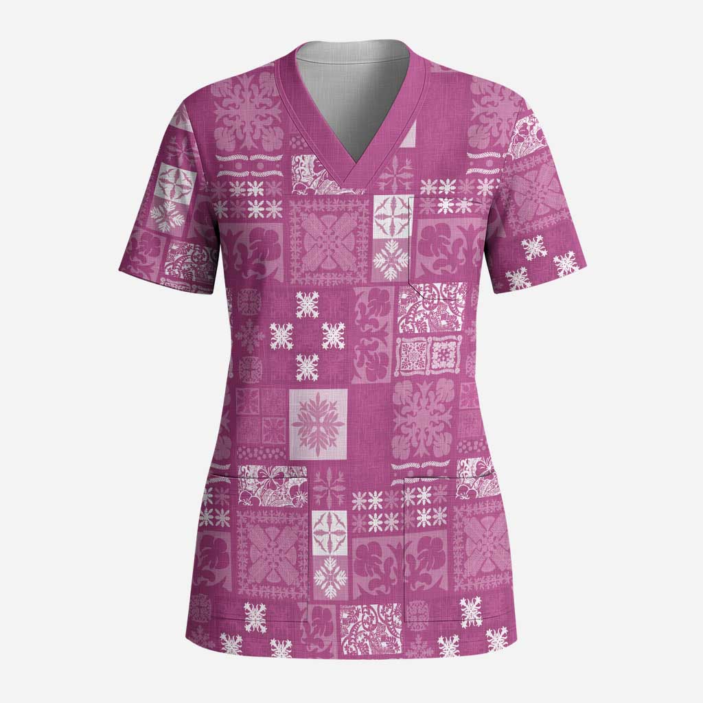 Vintage Hawaiian Quilting Patterns Scrub Top Pink Style Tribal Fabric Patchwork - Polynesian Pride