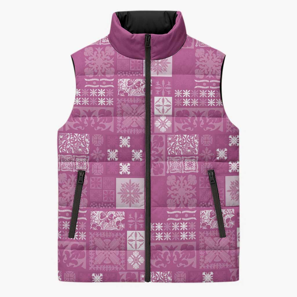 Vintage Hawaiian Quilting Patterns Sleeveless Puffer Jacket Pink Style Tribal Fabric Patchwork - Polynesian Pride