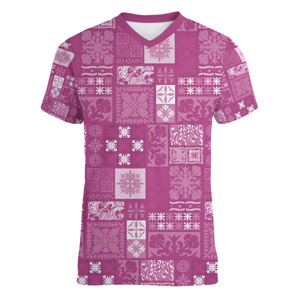 Vintage Hawaiian Quilting Patterns Women V-Neck T-Shirt Pink Style Tribal Fabric Patchwork - Polynesian Pride