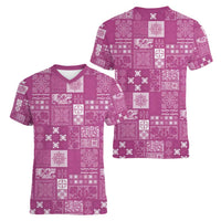 Vintage Hawaiian Quilting Patterns Women V-Neck T-Shirt Pink Style Tribal Fabric Patchwork - Polynesian Pride