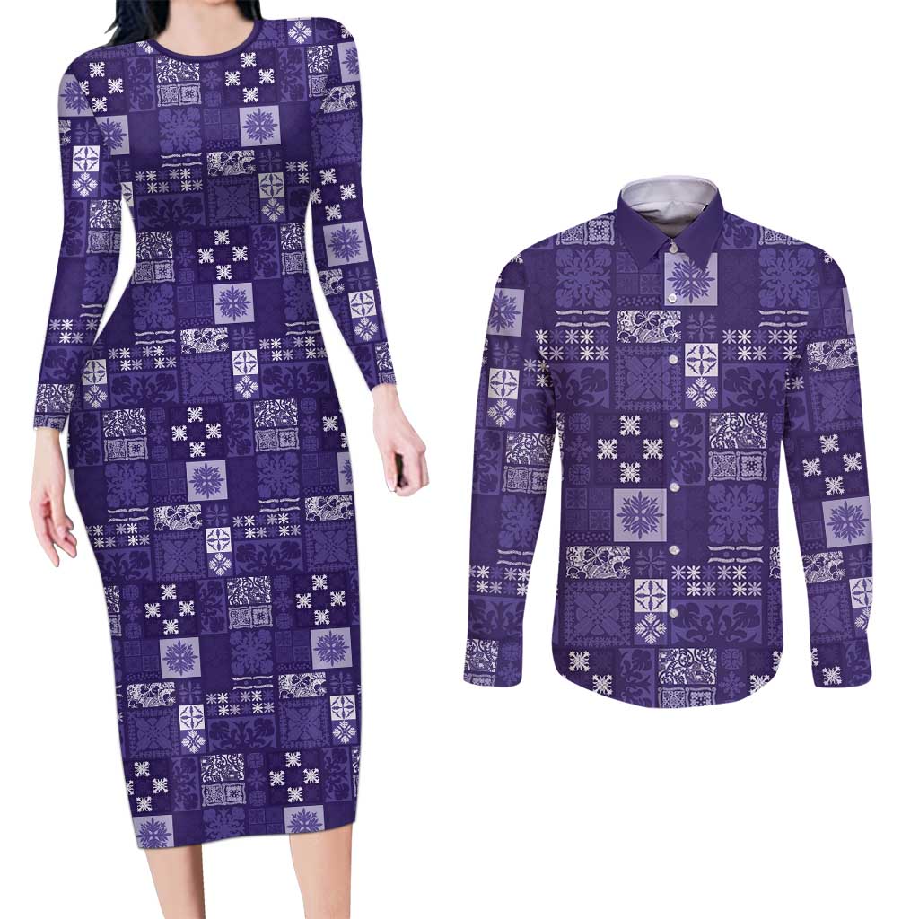 Vintage Hawaiian Quilting Patterns Couples Matching Long Sleeve Bodycon Dress and Long Sleeve Button Shirt Purple Style Tribal Fabric Patchwork - Polynesian Pride