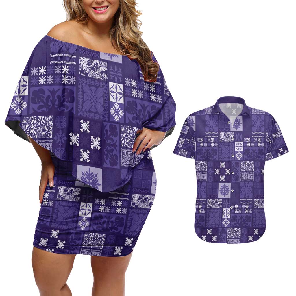 Vintage Hawaiian Quilting Patterns Couples Matching Off Shoulder Short Dress and Hawaiian Shirt Purple Style Tribal Fabric Patchwork - Polynesian Pride