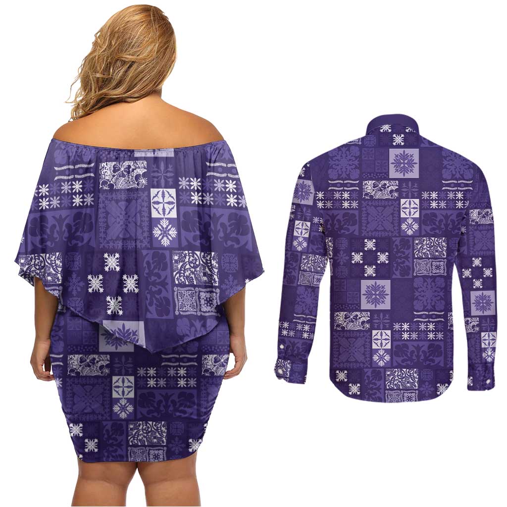 Vintage Hawaiian Quilting Patterns Couples Matching Off Shoulder Short Dress and Long Sleeve Button Shirt Purple Style Tribal Fabric Patchwork - Polynesian Pride