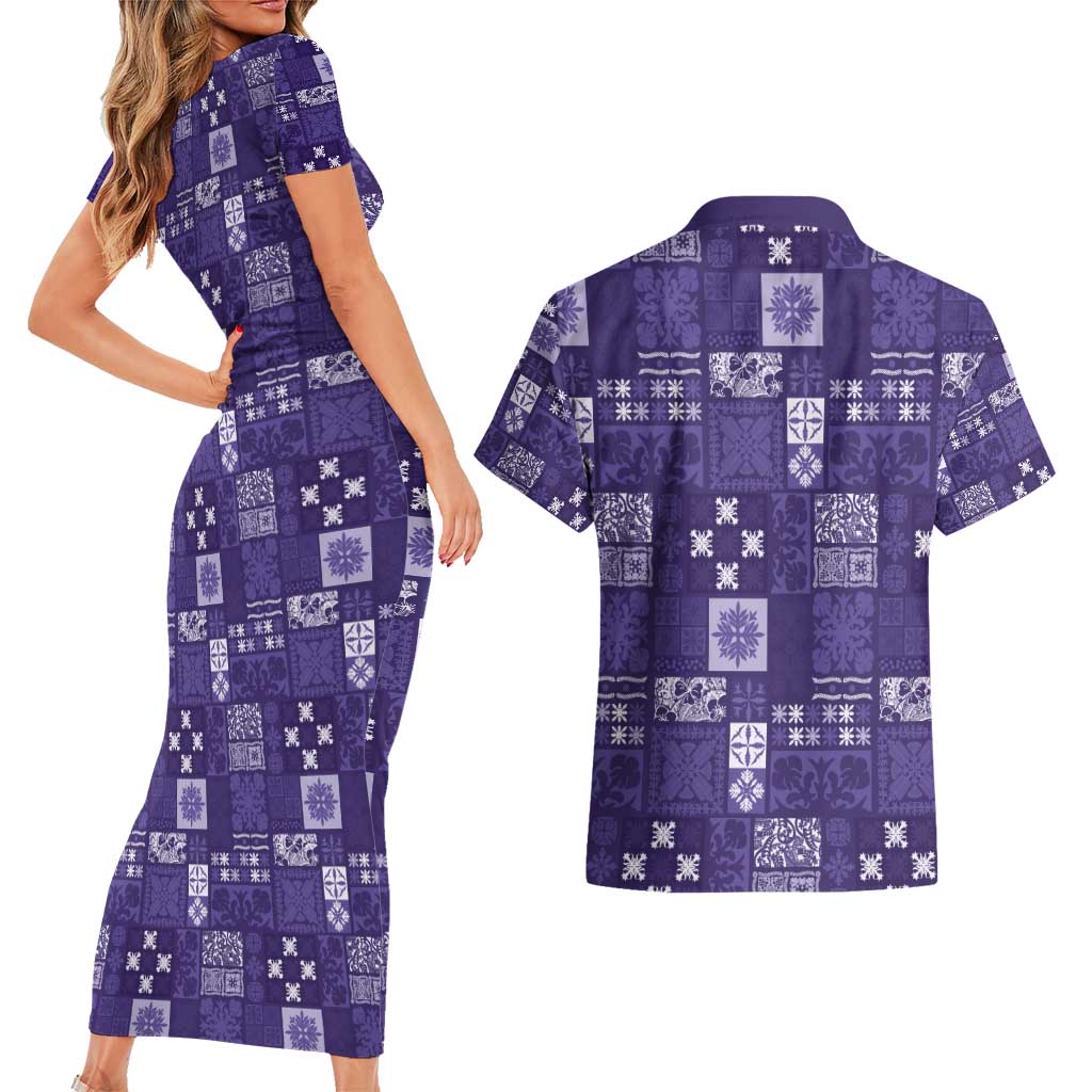 Vintage Hawaiian Quilting Patterns Couples Matching Short Sleeve Bodycon Dress and Hawaiian Shirt Purple Style Tribal Fabric Patchwork - Polynesian Pride