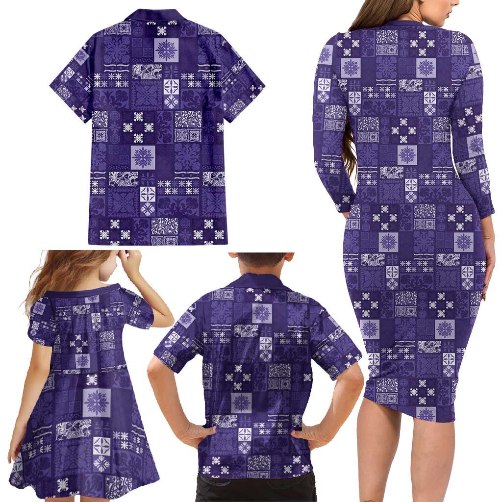 Vintage Hawaiian Quilting Patterns Family Matching Long Sleeve Bodycon Dress and Hawaiian Shirt Purple Style Tribal Fabric Patchwork - Polynesian Pride