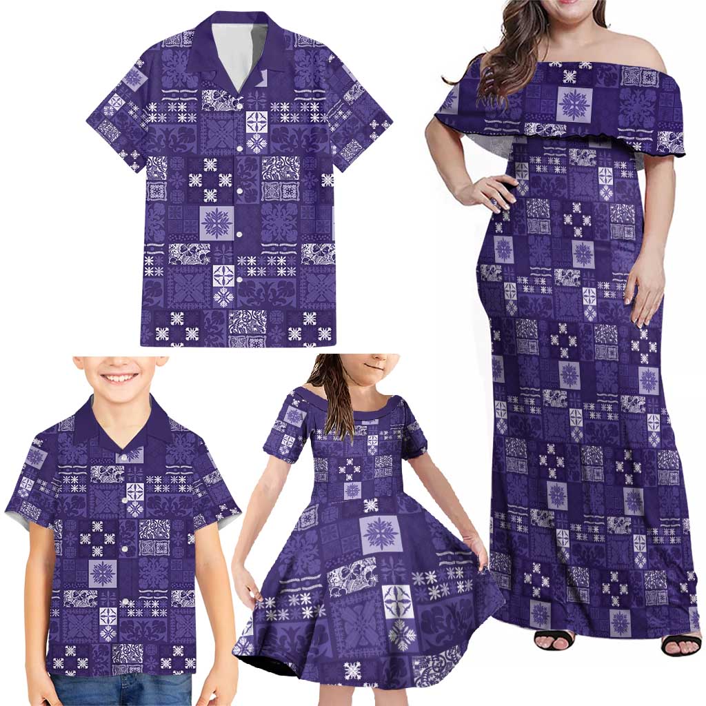 Vintage Hawaiian Quilting Patterns Family Matching Off Shoulder Maxi Dress and Hawaiian Shirt Purple Style Tribal Fabric Patchwork - Polynesian Pride