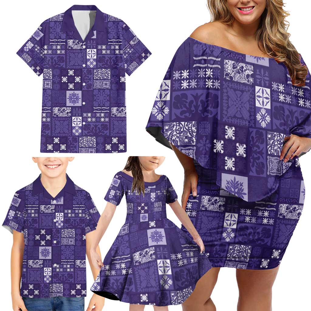 Vintage Hawaiian Quilting Patterns Family Matching Off Shoulder Short Dress and Hawaiian Shirt Purple Style Tribal Fabric Patchwork - Polynesian Pride