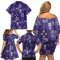 Vintage Hawaiian Quilting Patterns Family Matching Off Shoulder Short Dress and Hawaiian Shirt Purple Style Tribal Fabric Patchwork - Polynesian Pride