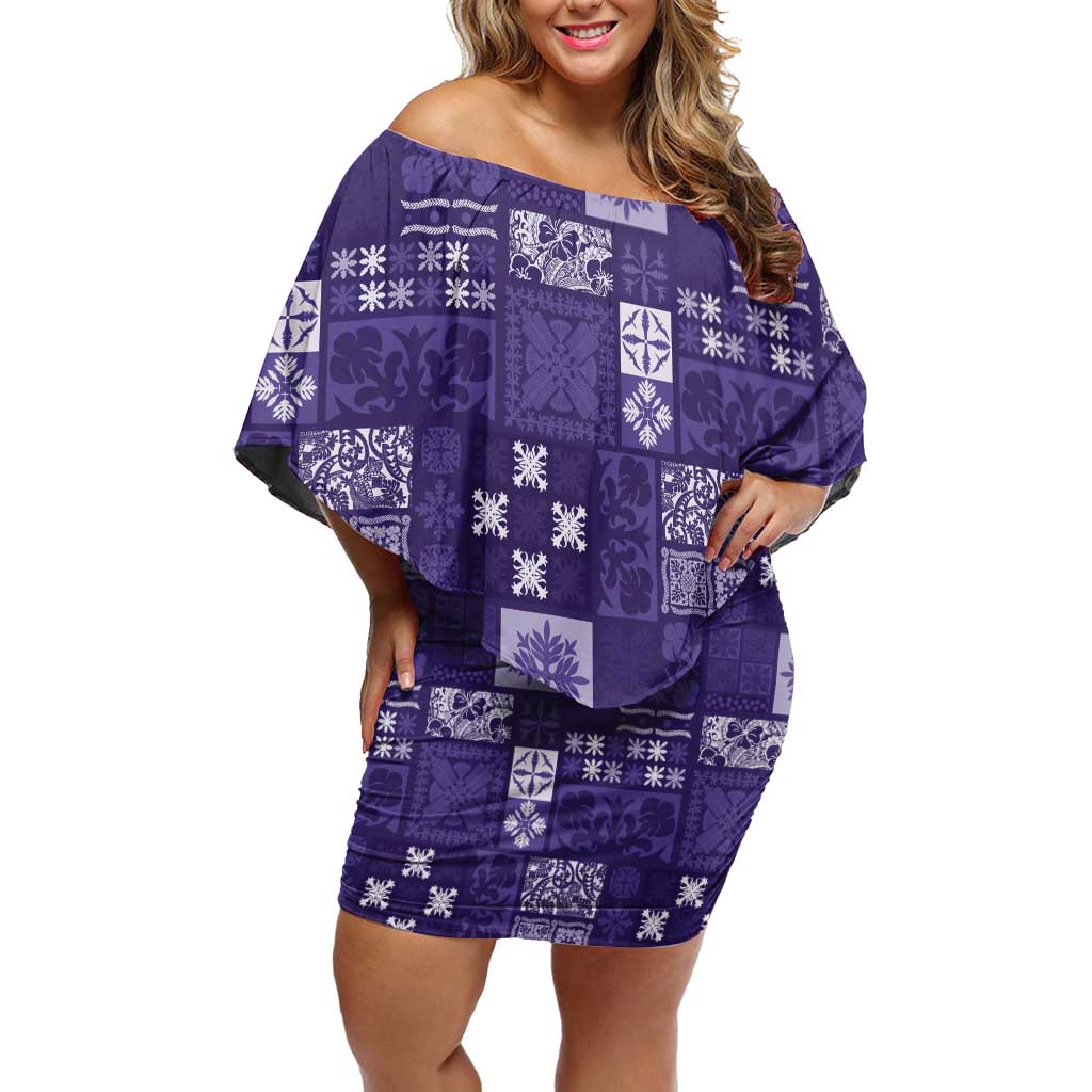 Vintage Hawaiian Quilting Patterns Off Shoulder Short Dress Purple Style Tribal Fabric Patchwork - Polynesian Pride