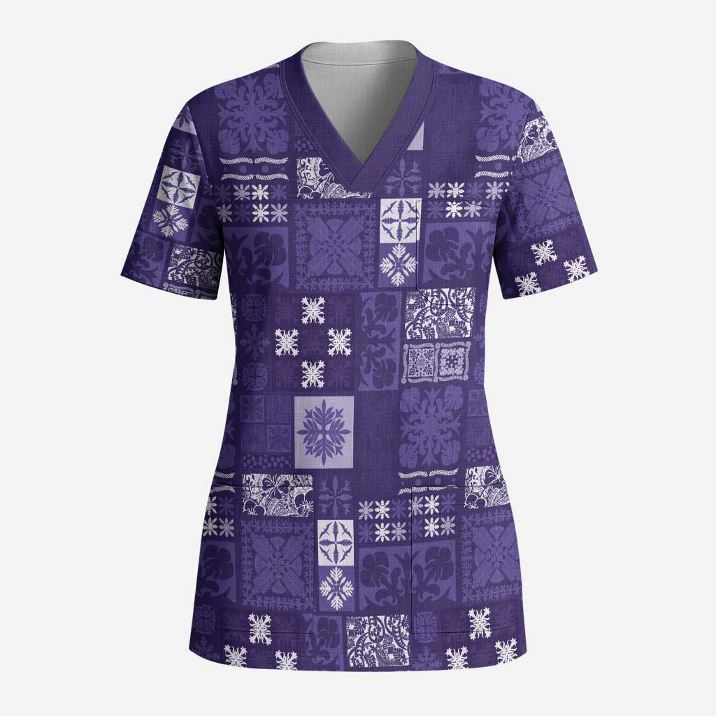 Vintage Hawaiian Quilting Patterns Scrub Top Purple Style Tribal Fabric Patchwork - Polynesian Pride