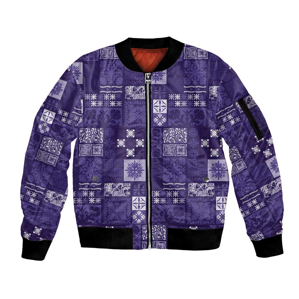 Vintage Hawaiian Quilting Patterns Sleeve Zip Bomber Jacket Purple Style Tribal Fabric Patchwork - Polynesian Pride