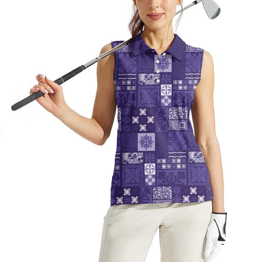 Vintage Hawaiian Quilting Patterns Women Sleeveless Polo Shirt Purple Style Tribal Fabric Patchwork - Polynesian Pride