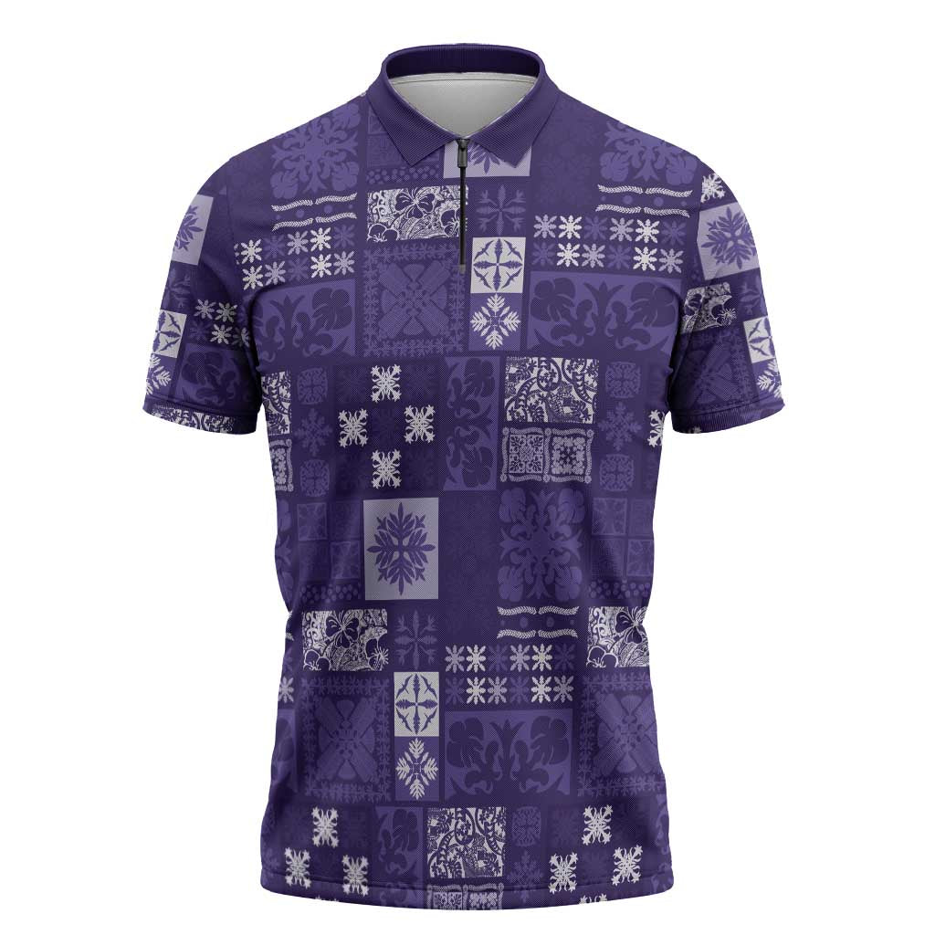 Vintage Hawaiian Quilting Patterns Zipper Polo Shirt Purple Style Tribal Fabric Patchwork - Polynesian Pride