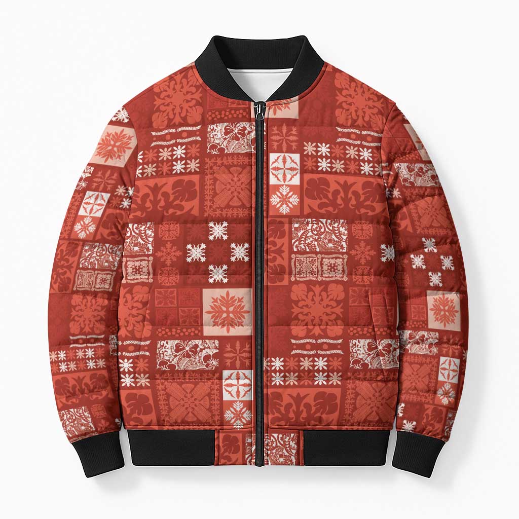 Vintage Hawaiian Quilting Patterns Bomber Puffer Jacket Red Style Tribal Fabric Patchwork - Polynesian Pride