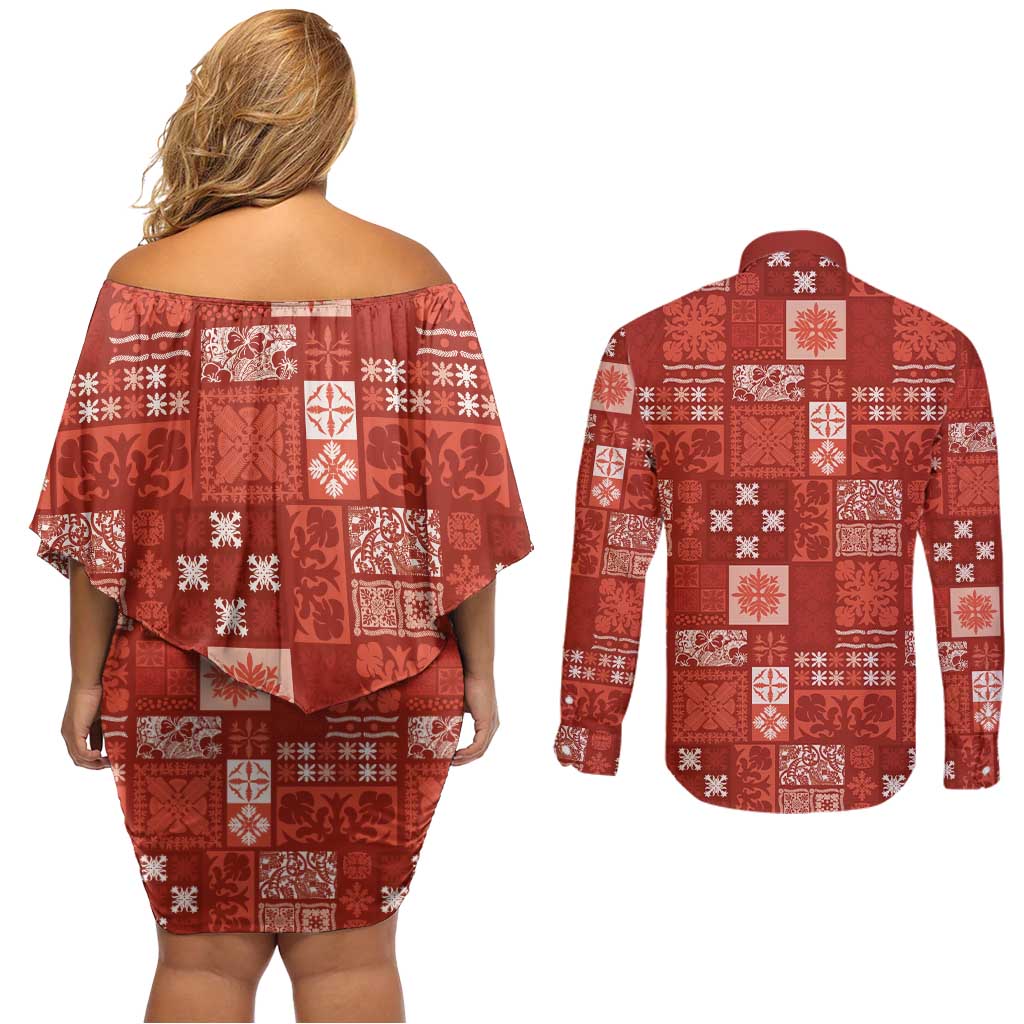Vintage Hawaiian Quilting Patterns Couples Matching Off Shoulder Short Dress and Long Sleeve Button Shirt Red Style Tribal Fabric Patchwork - Polynesian Pride
