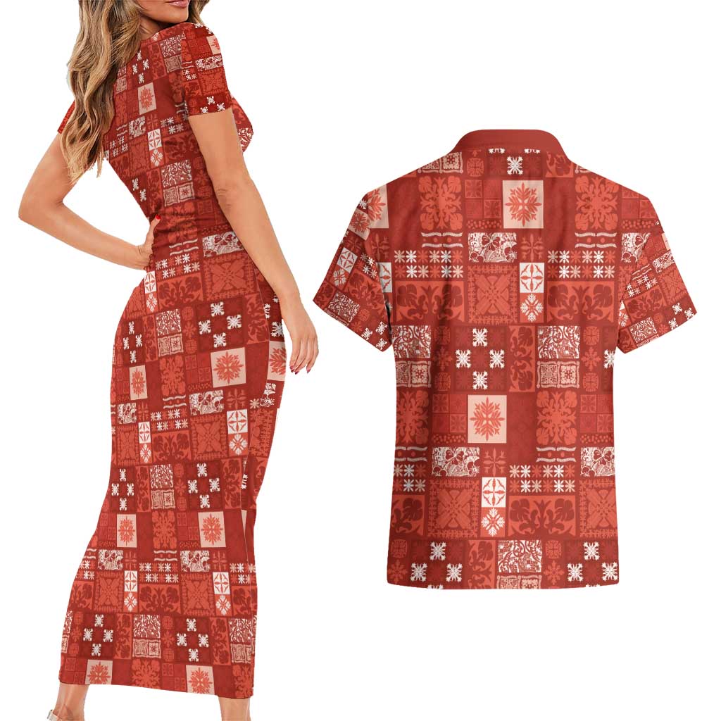 Vintage Hawaiian Quilting Patterns Couples Matching Short Sleeve Bodycon Dress and Hawaiian Shirt Red Style Tribal Fabric Patchwork - Polynesian Pride