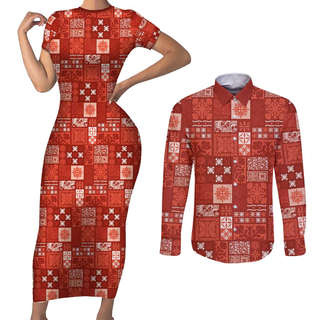 Vintage Hawaiian Quilting Patterns Couples Matching Short Sleeve Bodycon Dress and Long Sleeve Button Shirt Red Style Tribal Fabric Patchwork - Polynesian Pride