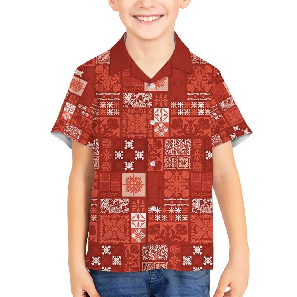 Vintage Hawaiian Quilting Patterns Family Matching Long Sleeve Bodycon Dress and Hawaiian Shirt Red Style Tribal Fabric Patchwork - Polynesian Pride