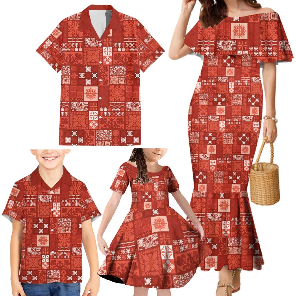 Vintage Hawaiian Quilting Patterns Family Matching Mermaid Dress and Hawaiian Shirt Red Style Tribal Fabric Patchwork - Polynesian Pride
