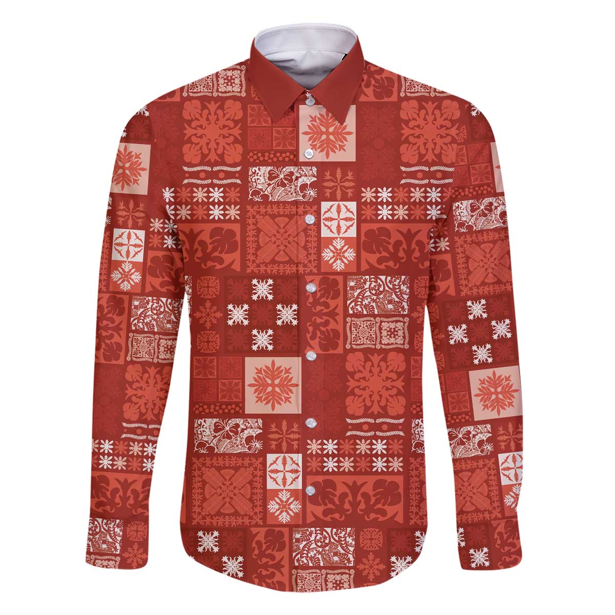 Vintage Hawaiian Quilting Patterns Family Matching Off The Shoulder Long Sleeve Dress and Hawaiian Shirt Red Style Tribal Fabric Patchwork - Polynesian Pride